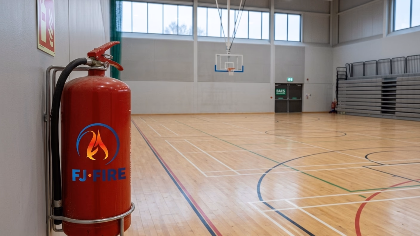 Extincteur à eau pulvérisée, panneau de signalisation et BAES dans un gymnase, conformité sécurité incendie ERP type X