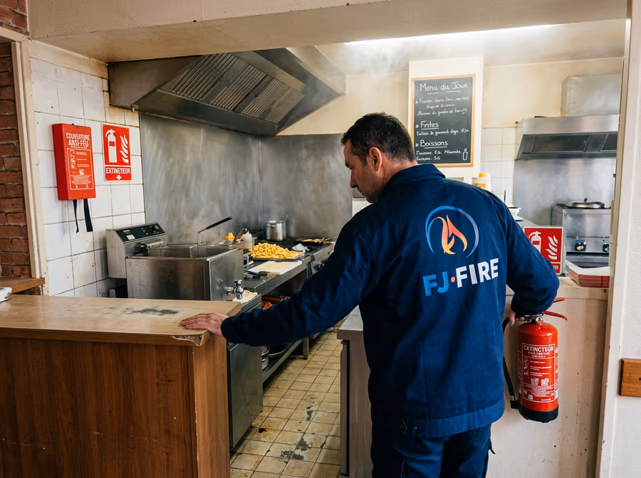 Technicien FJ FIRE contrôlant l'extincteur d'un petit snack, avec couverture anti-feu et panneau extincteur fixés près de la friteuse