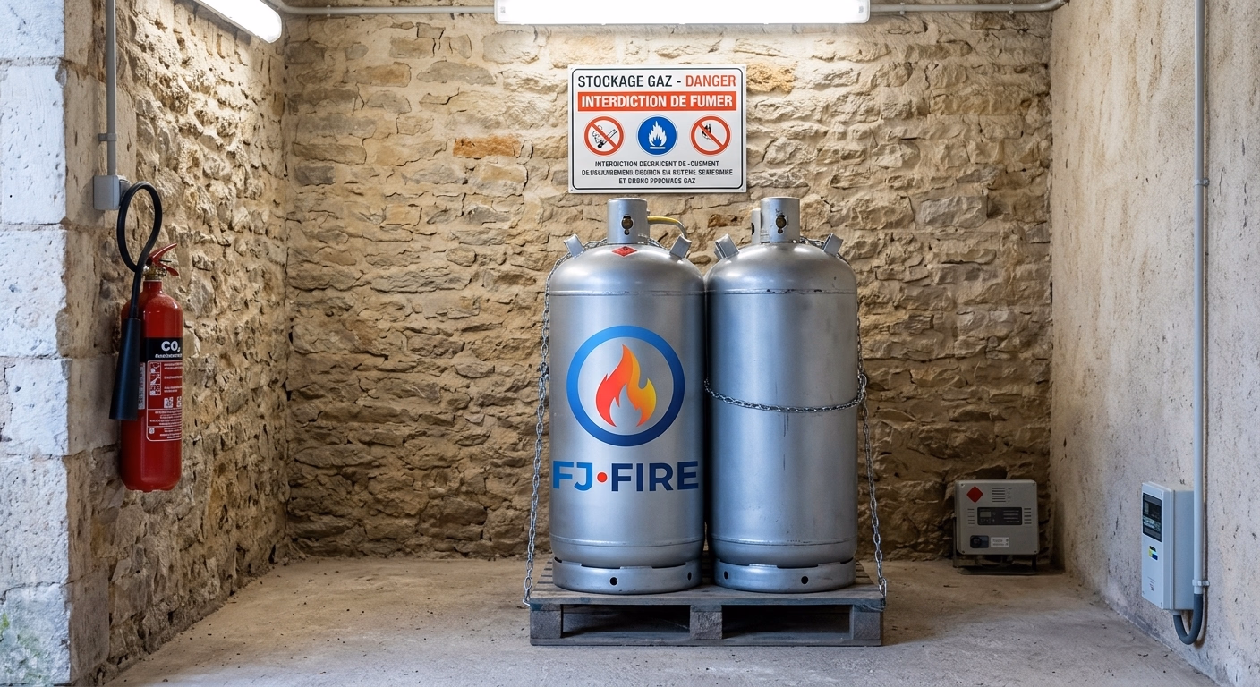 Bouteilles de gaz propane stockées en sécurité dans un local ventilé avec extincteur à proximité