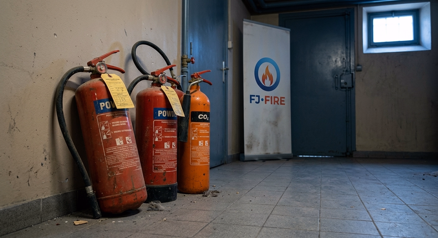 Extincteurs déposés entreposés dans le local technique d'une copropriété avant reprise et dénaturation