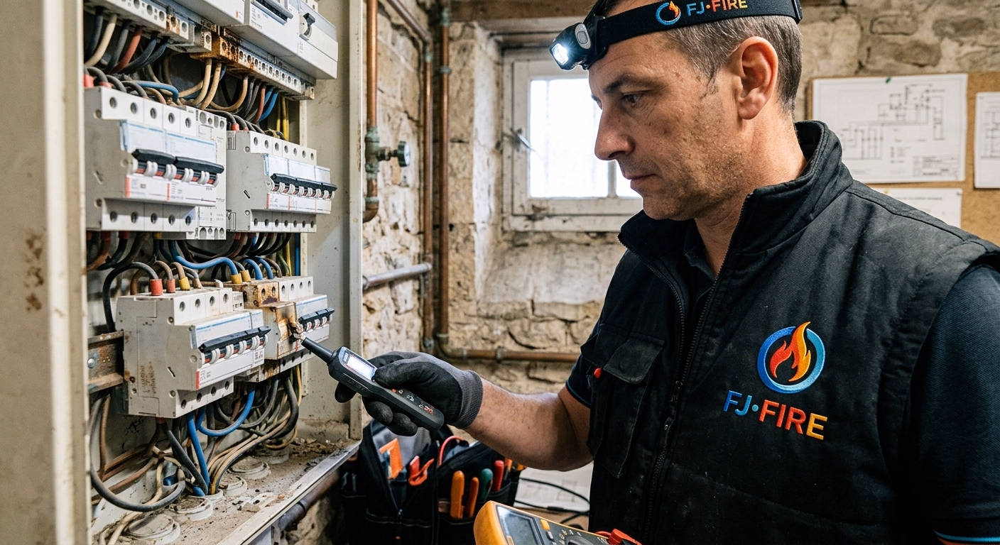 Vérification d'un tableau électrique de distribution dans un ERP par un technicien FJ FIRE, inspection des disjoncteurs et bornes de raccordement pour prévenir le risque incendie