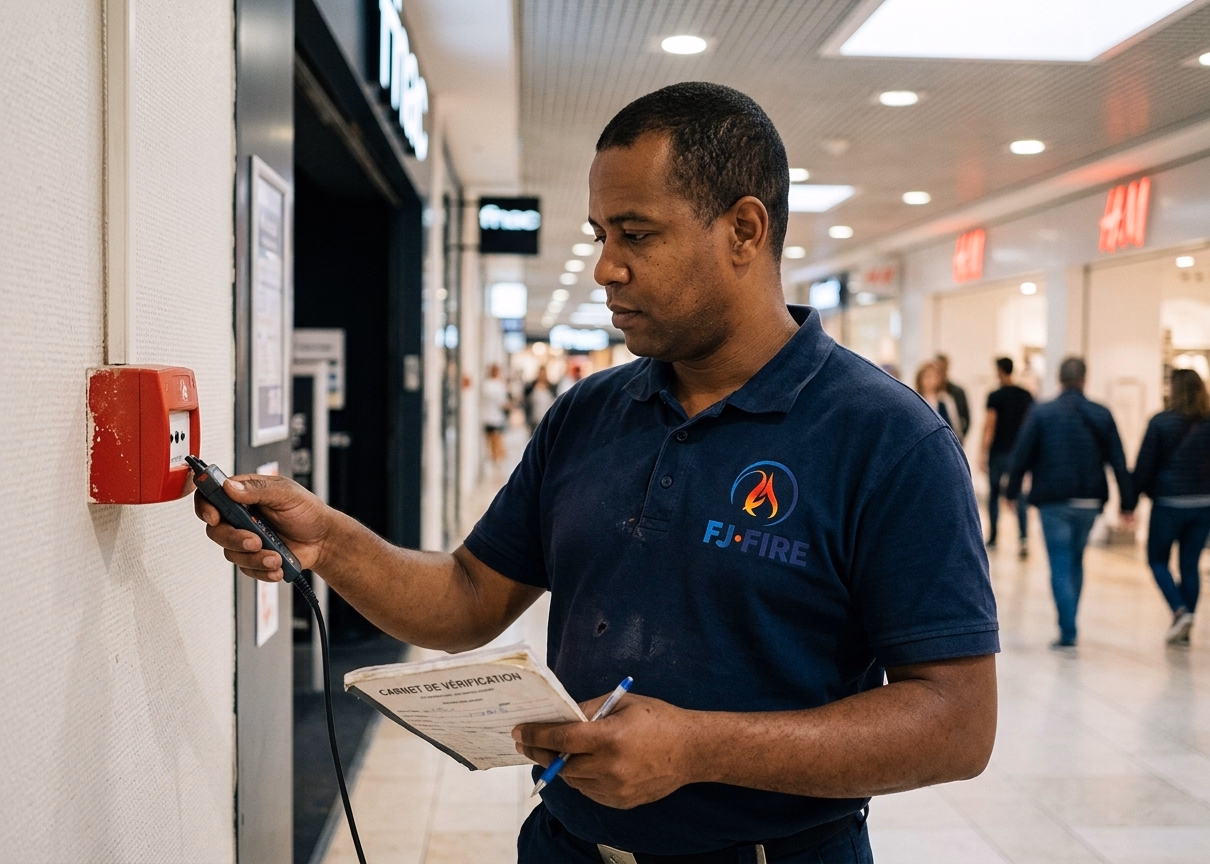 Technicien FJ FIRE testant un bloc autonome d'alarme sonore de type 4 dans un établissement recevant du public, carnet de vérification en main, lors d'un contrôle de maintenance en Gironde