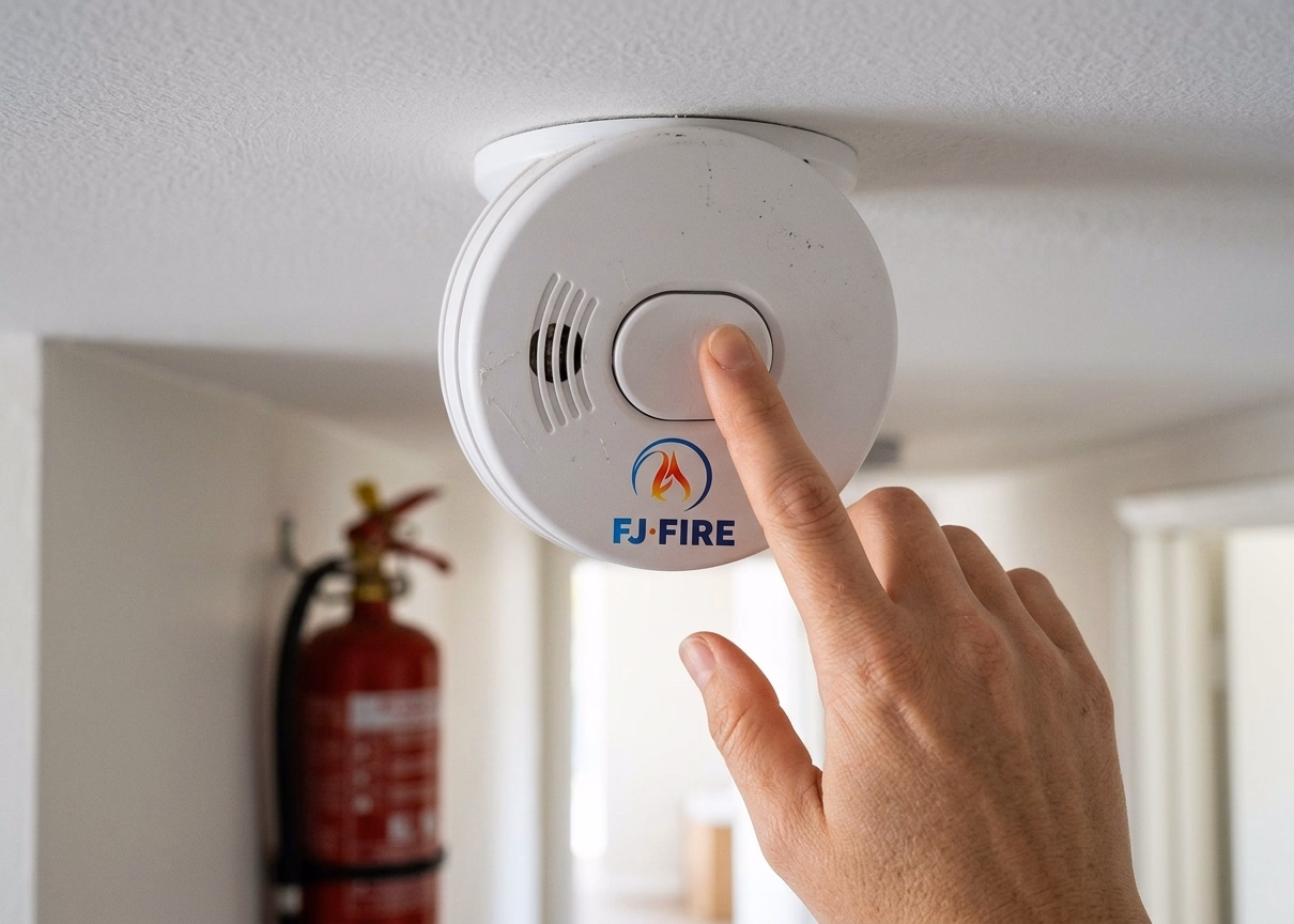 Test du bouton d'un détecteur de fumée au plafond d'un couloir d'appartement, extincteur à eau 2 litres en arrière-plan, prévention incendie logement