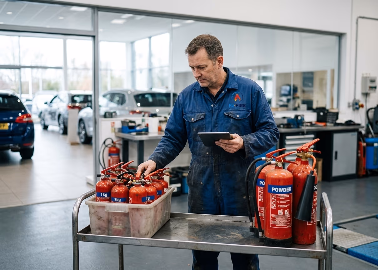 Tri des extincteurs usagés dans l'atelier d'une concession : petits extincteurs de voiture d'un côté, extincteurs d'atelier de l'autre