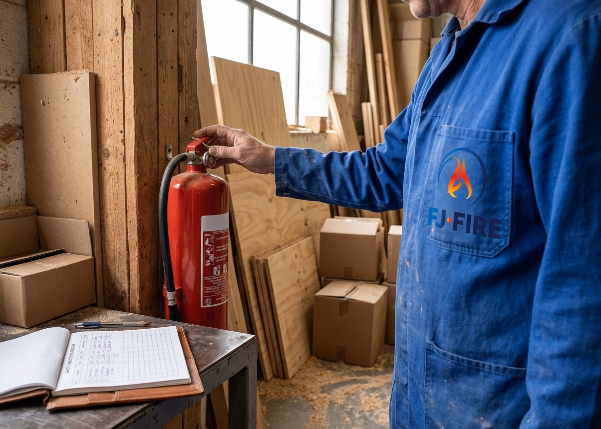 Technicien FJ FIRE verifiant un extincteur dans un atelier de fabrication de meubles en bois