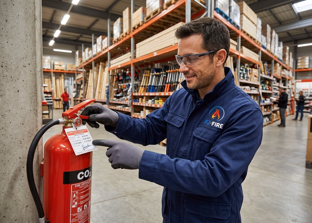Technicien FJ FIRE vérifiant un extincteur dans un entrepôt de grande surface de bricolage — conformité ERP type M