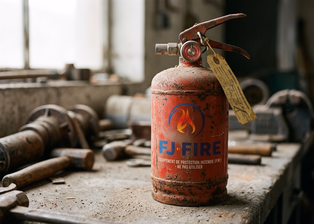 Vieil extincteur périmé rouillé avec manomètre dans le rouge et goupille manquante, à faire recycler et dénaturer par un professionnel en Gironde