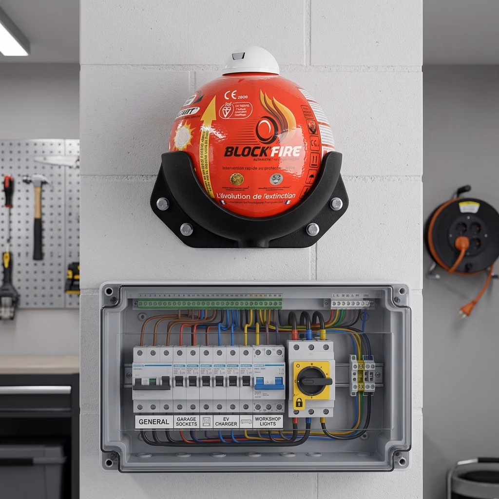 Boule d'extinction Block'Fire installée en mode passif au-dessus d'un tableau électrique
