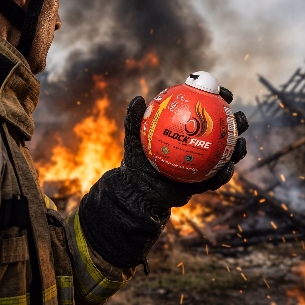 Main tenant la boule Block'Fire® prête au lancer, démonstration mode actif Choc&Start