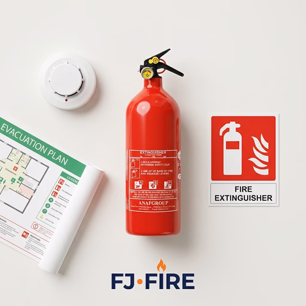 Kit sécurité incendie avec extincteur ABF 2L détecteur et plan évacuation, FJ Fire