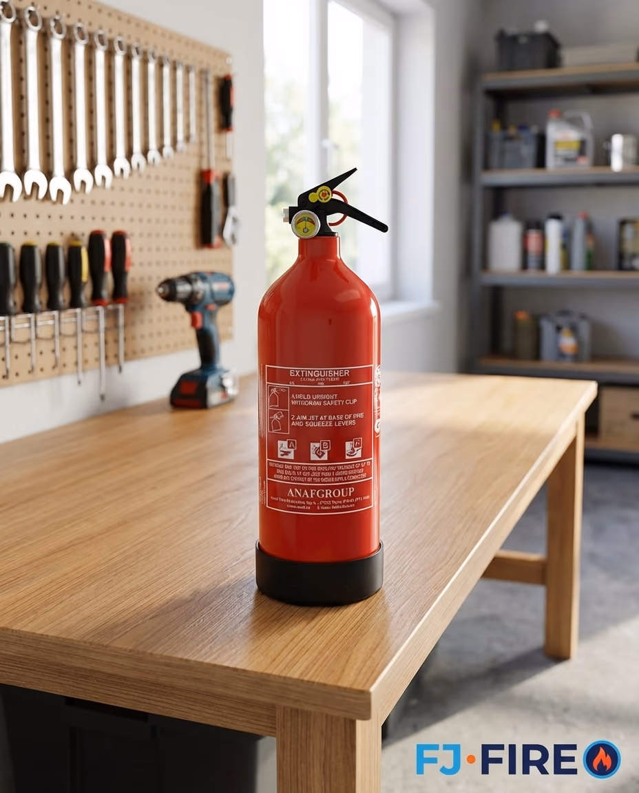 Extincteur ABF 2L dans un garage atelier bricolage, FJ Fire