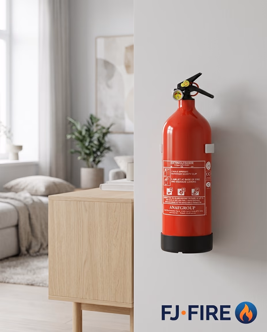 Extincteur ABF 2L fixé au mur salon — Pack Duo FJ Fire