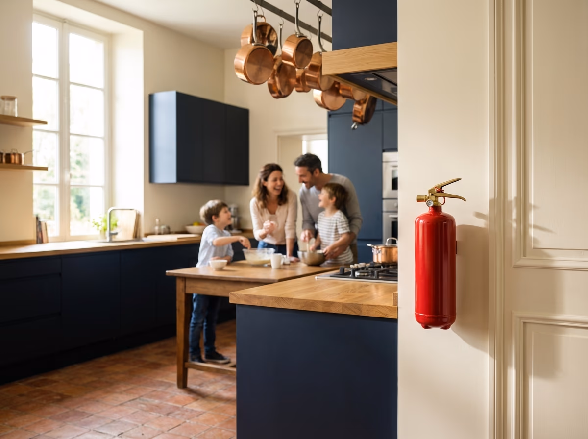 Extincteur rouge fixé au mur d'une cuisine française moderne, protection incendie domestique
