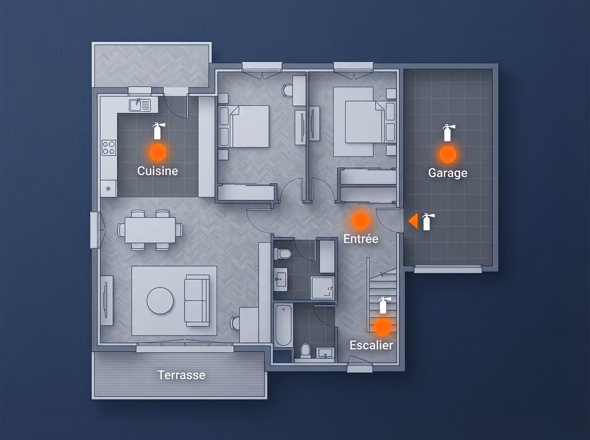 Infographie montrant les emplacements idéaux d'un extincteur dans une maison : cuisine, entrée, garage