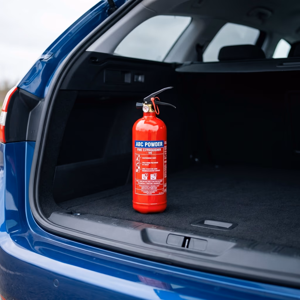 Extincteur poudre ABC 1kg dans coffre de voiture — Pack Duo FJ Fire