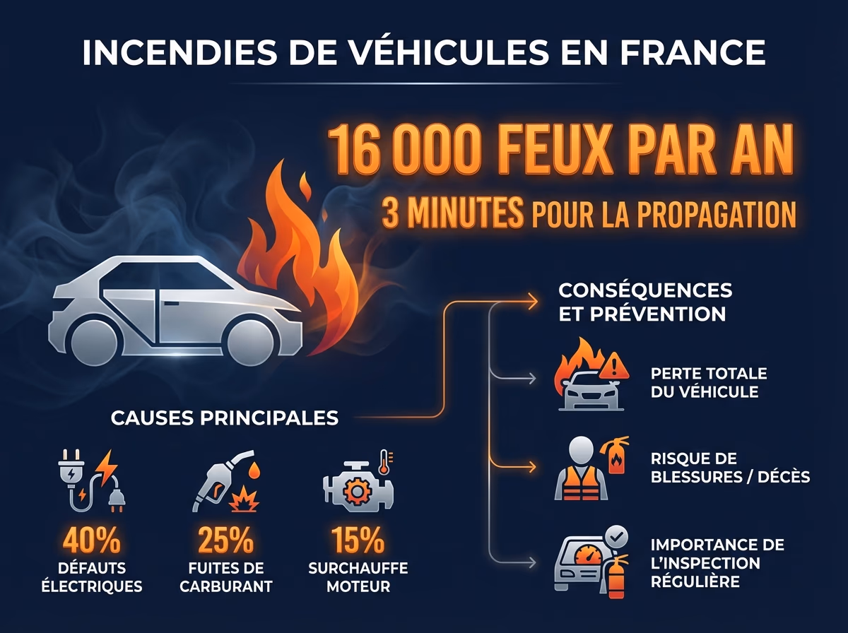 Infographie chiffres incendies de véhicules en France — 16 000 feux par an