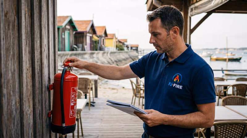 Technicien FJ FIRE vérifiant un extincteur à l'entrée d'un restaurant en bord de bassin, cabanes ostréicoles en arrière-plan