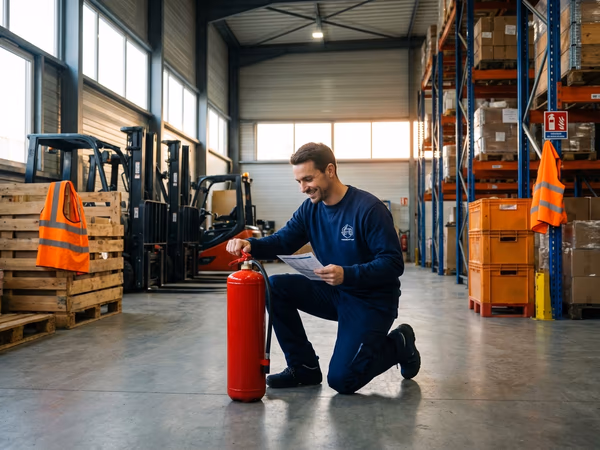 Technicien FJ Fire vérifiant un extincteur en entreprise en Gironde