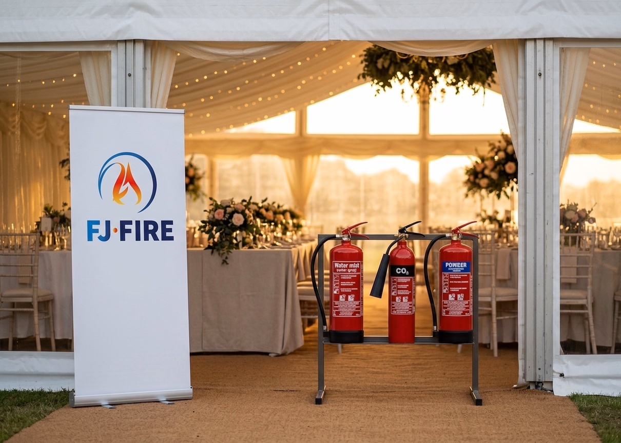 Extincteurs en location à l'entrée d'une salle de réception de mariage sous chapiteau en Gironde par FJ FIRE