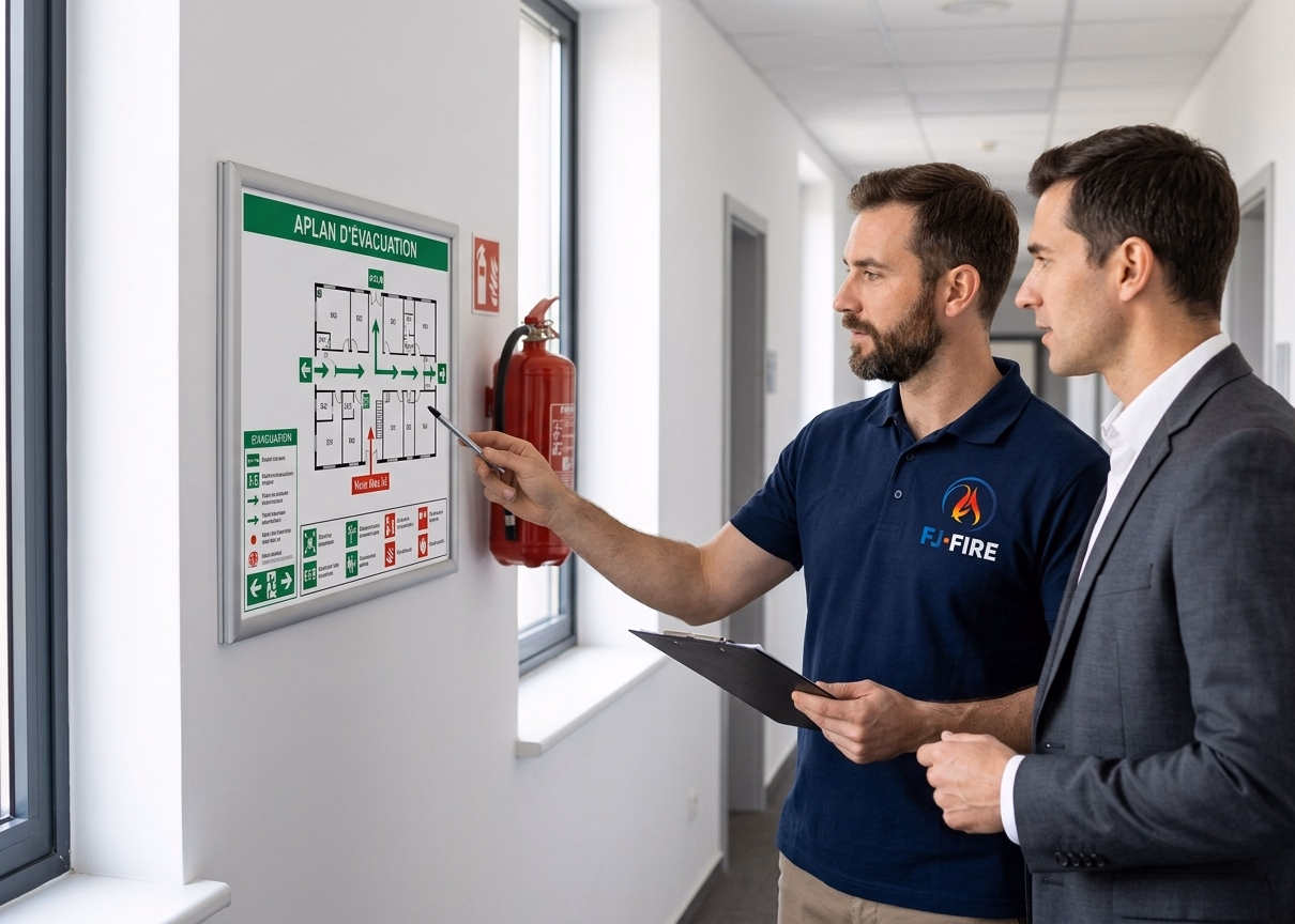 Technicien FJ Fire vérifiant un plan d'évacuation conforme NF X08-070 dans un ERP