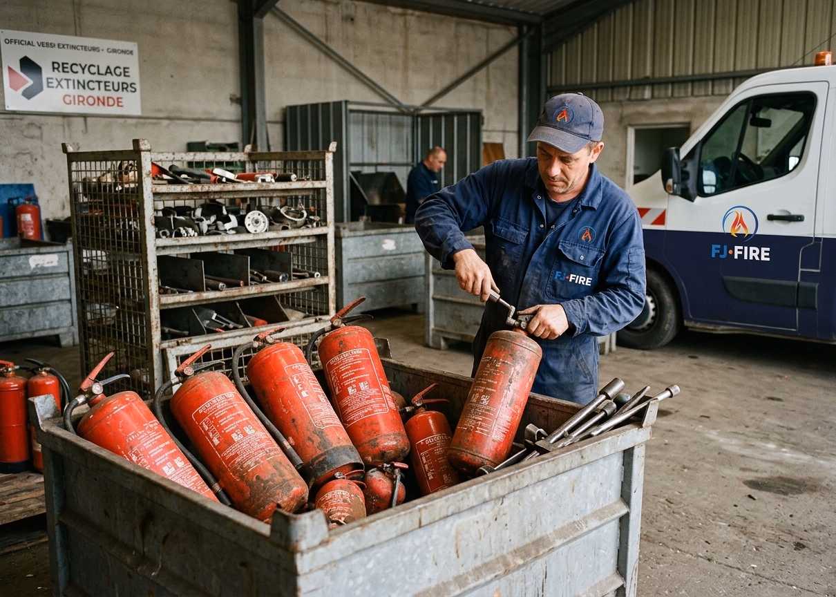Vieux extincteurs rouillés récupérés dans un bac de collecte pour recyclage et dénaturation par FJ FIRE en Gironde