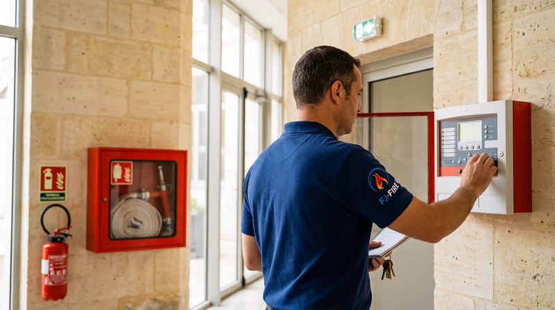 Technicien FJ FIRE vérifiant un tableau d'alarme incendie dans le hall d'un immeuble de bureaux à Bordeaux, avec extincteur et robinet d'incendie armé