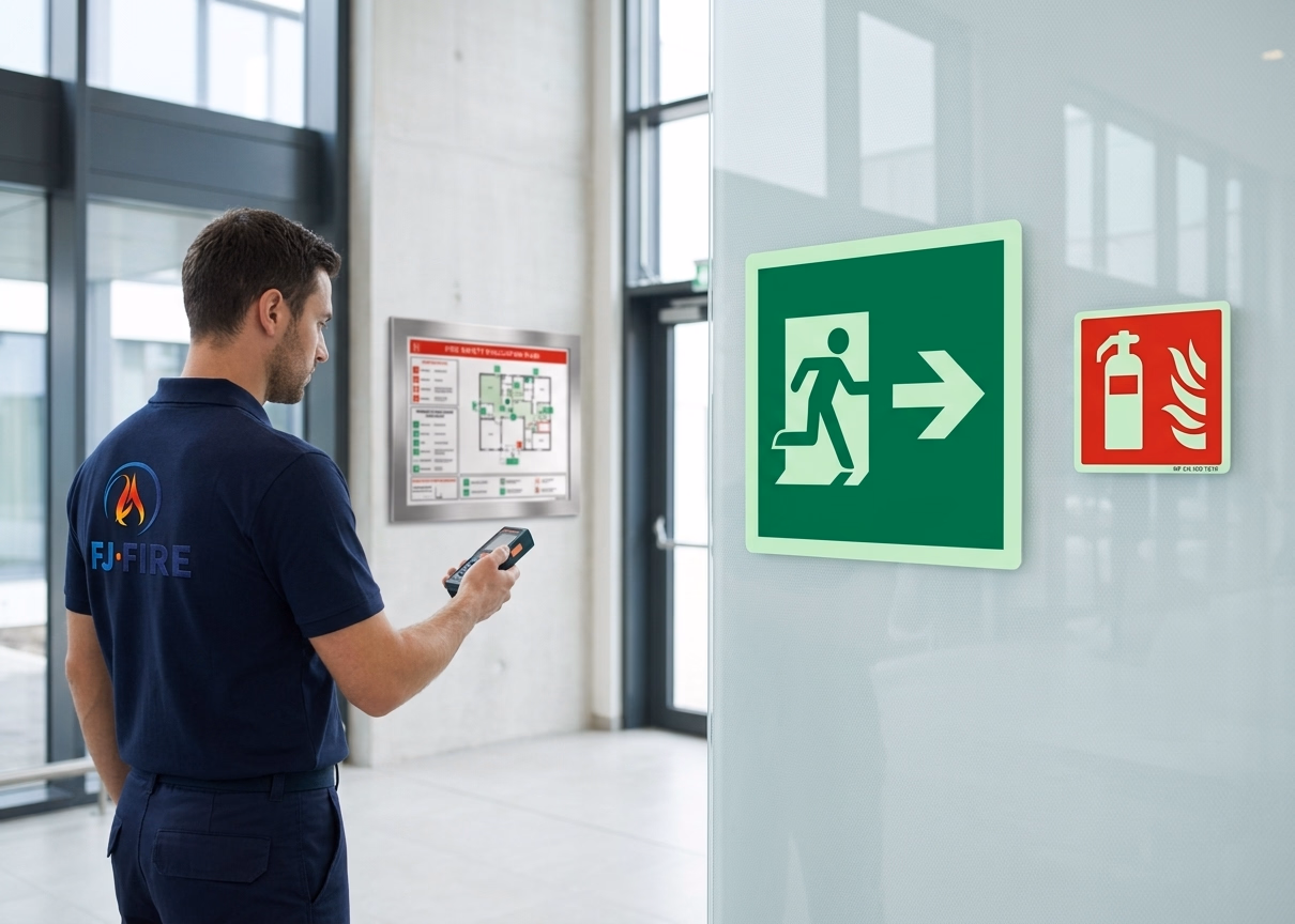 Panneau d'évacuation photoluminescent ISO 7010 posé par FJ FIRE dans un ERP à Bordeaux