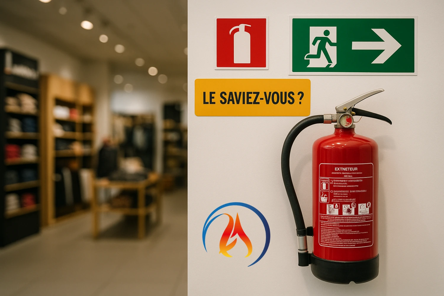extincteur installé à l'ouverture d'un magasin