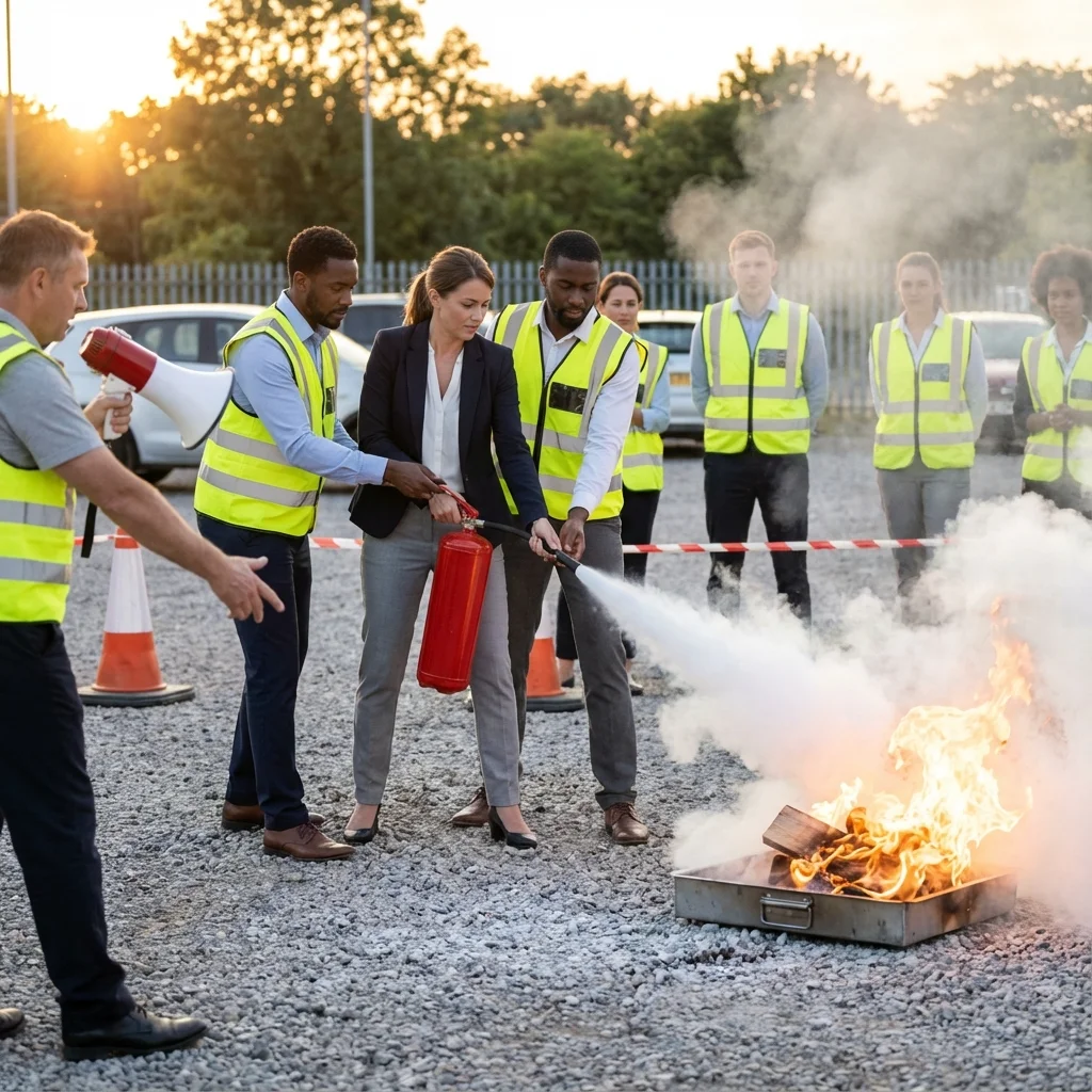 Groupe d'employés participant à une formation incendie en extérieur
