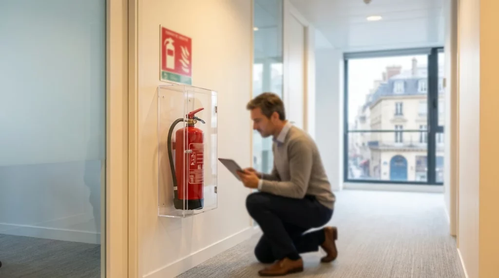 Chef d'entreprise vérifiant un extincteur rouge dans un couloir de bureaux modernes
