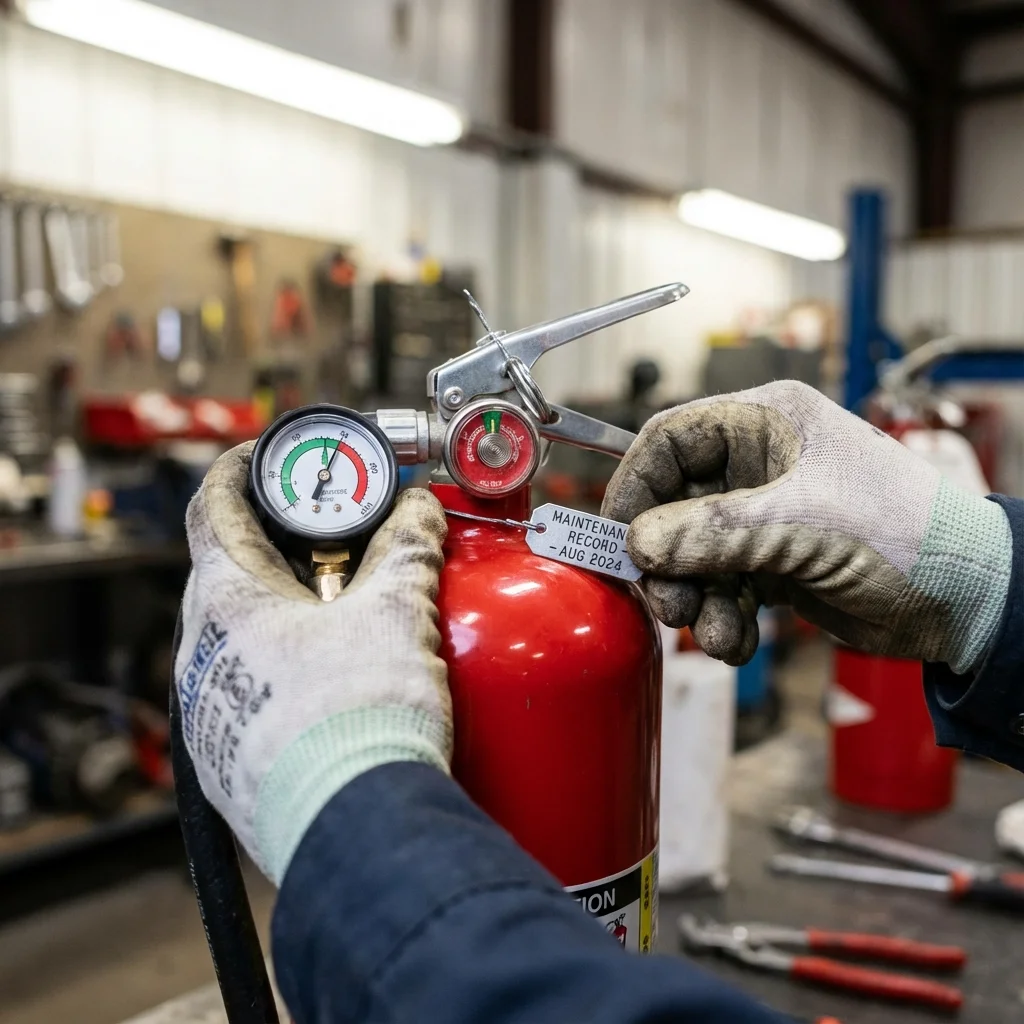 Technicien vérifiant la pression d'un extincteur avec une étiquette de date
