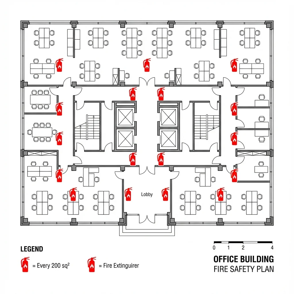 Plan d'évacuation incendie montrant l'emplacement des extincteurs dans un bureau
