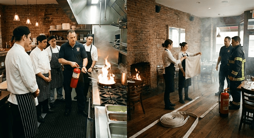 Des cuisiniers et serveurs suivent une formation incendie dans un restaurant.