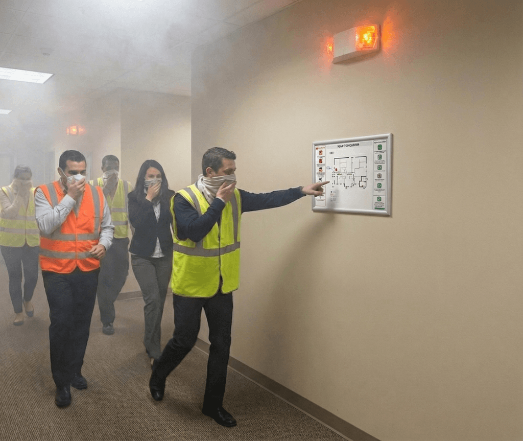 des employés évacuen leur étage, exercice avec fumée, ils passent devant un plan d'évacuation accroché sur un mur