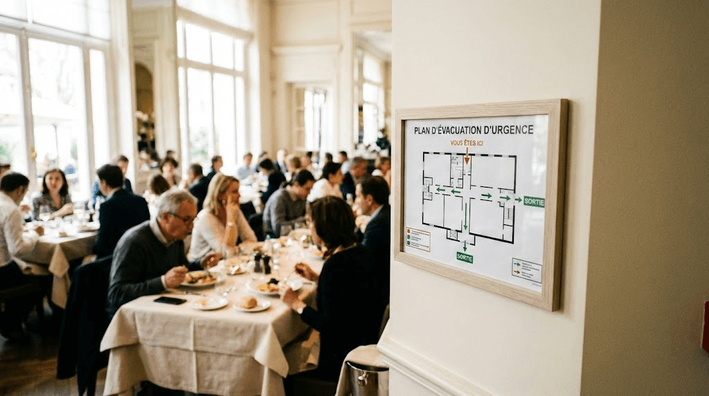 Au premier plan à droite, net et précis, un plan d'évacuation d'urgence encadré, accroché à l'angle d'un mur peint en blanc cassé. À l'arrière-plan sur la gauche, une salle de restaurant élégante et lumineuse. Des convives sont assis à des tables nappées, en train de déjeuner et de discuter.